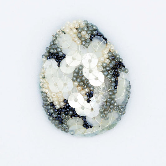 Beaded Egg Brooch - Silver and Cream Sequin 