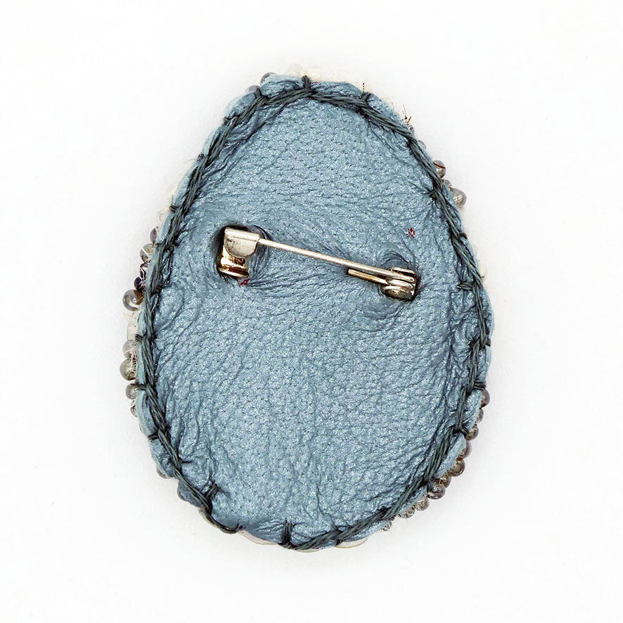 Beaded Egg Brooch - Silver and Cream Sequin Large