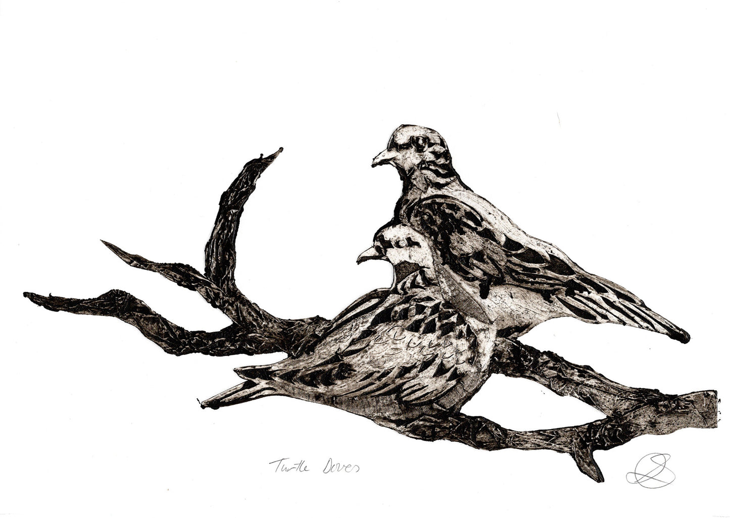 Turtle Dove Pair Collagraph - Handmade print