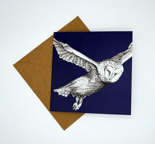 British Owl Collection Barn Owl, dark blue - Greeting Card