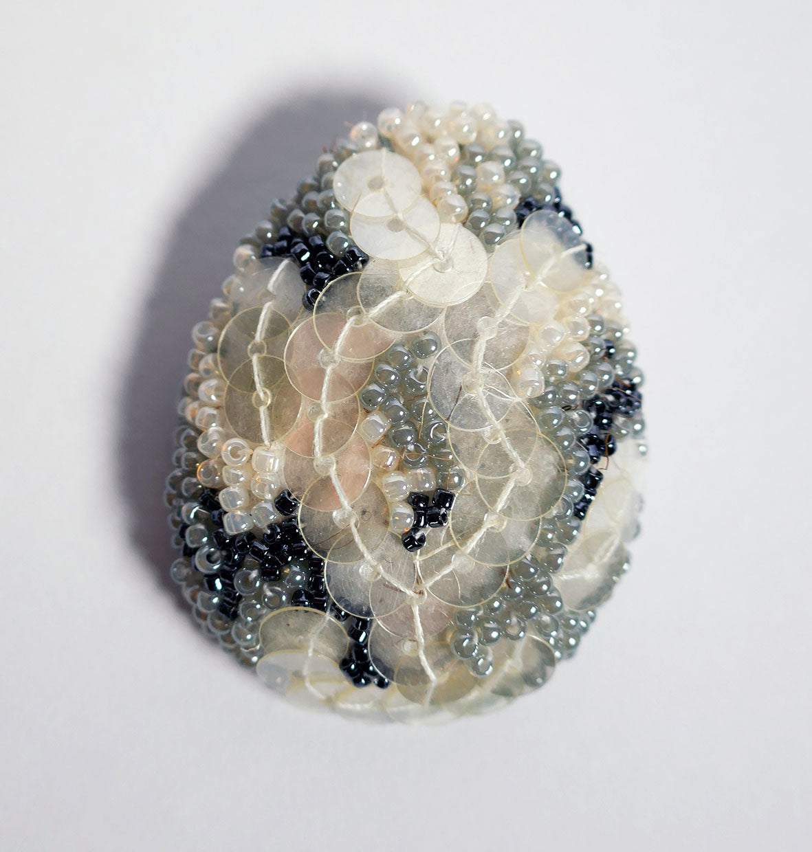 Beaded Egg Brooch - Silver and Cream Sequin Large