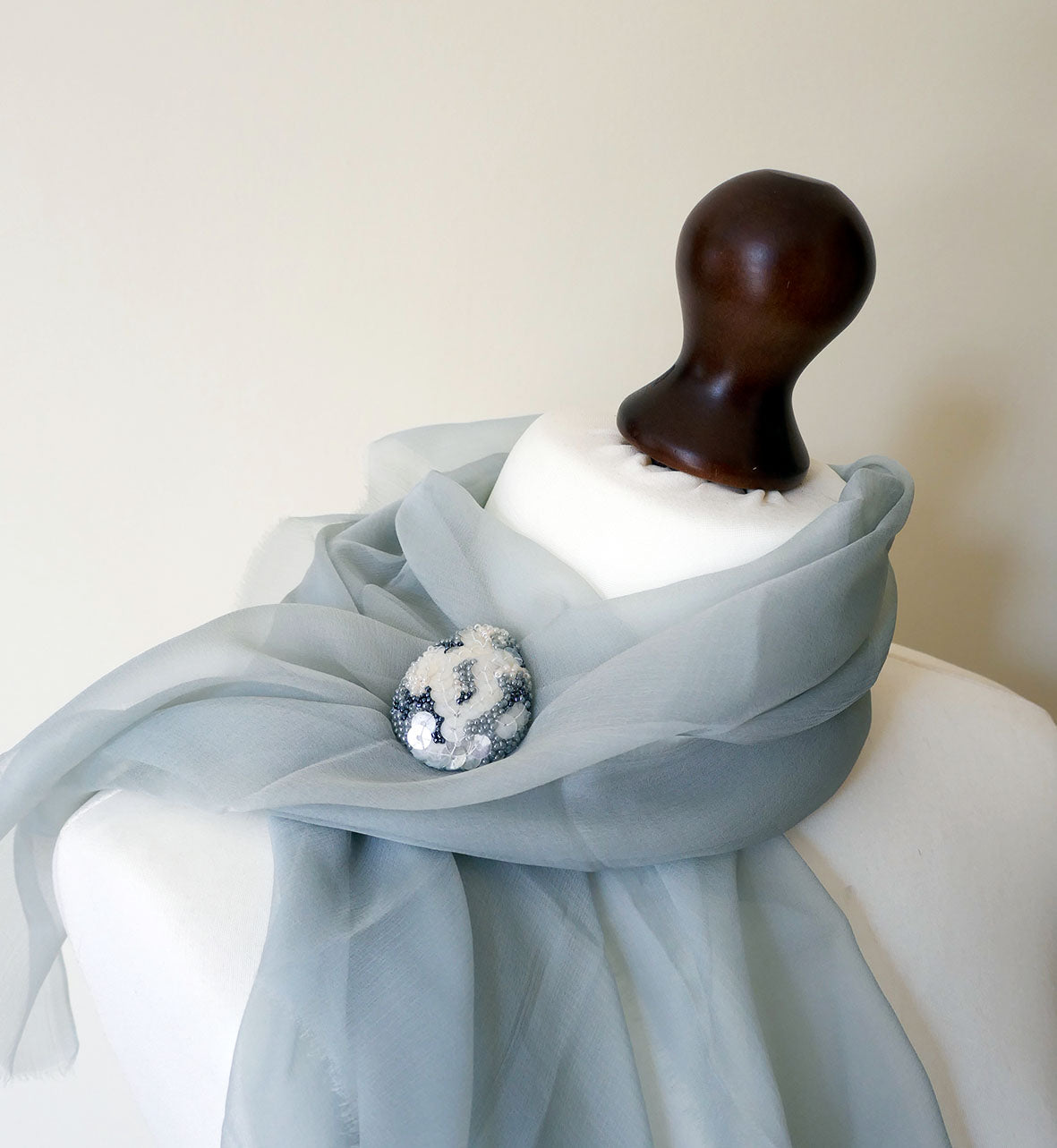 Beaded Egg Brooch - Silver and Cream Sequin Large