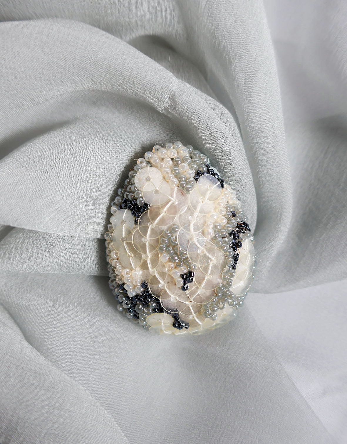 Beaded Egg Brooch - Silver and Cream Sequin Large