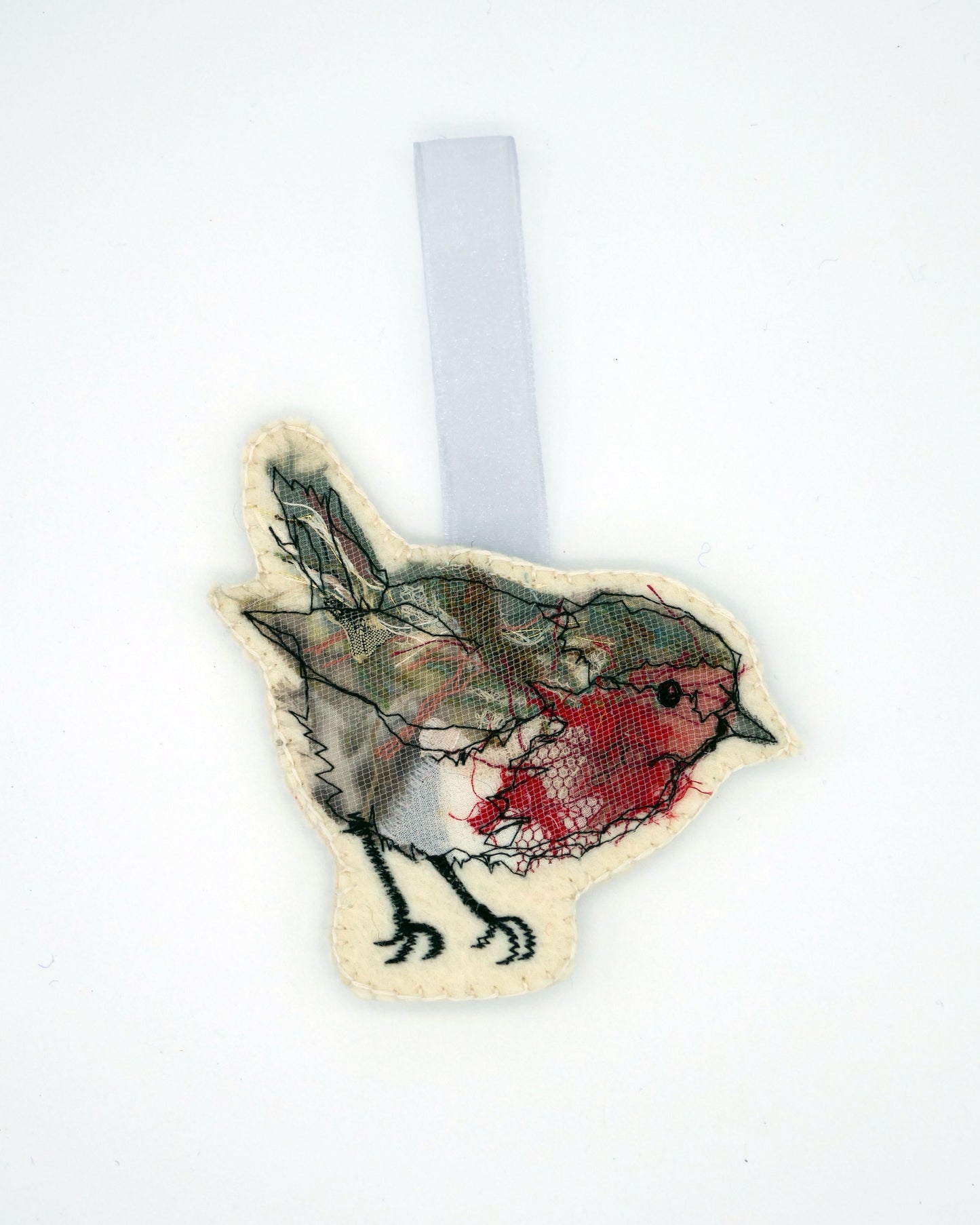 Robin Standing - Embroidered Hanging Bird Decoration