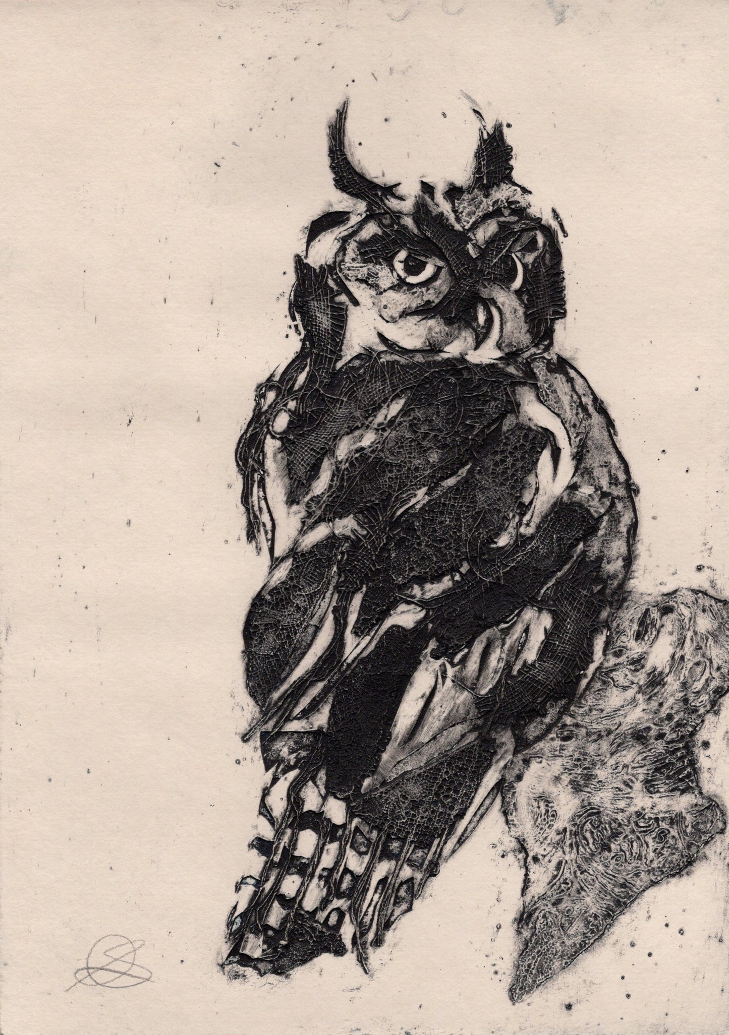 Long Eared Owl Collagraph - Handmade print