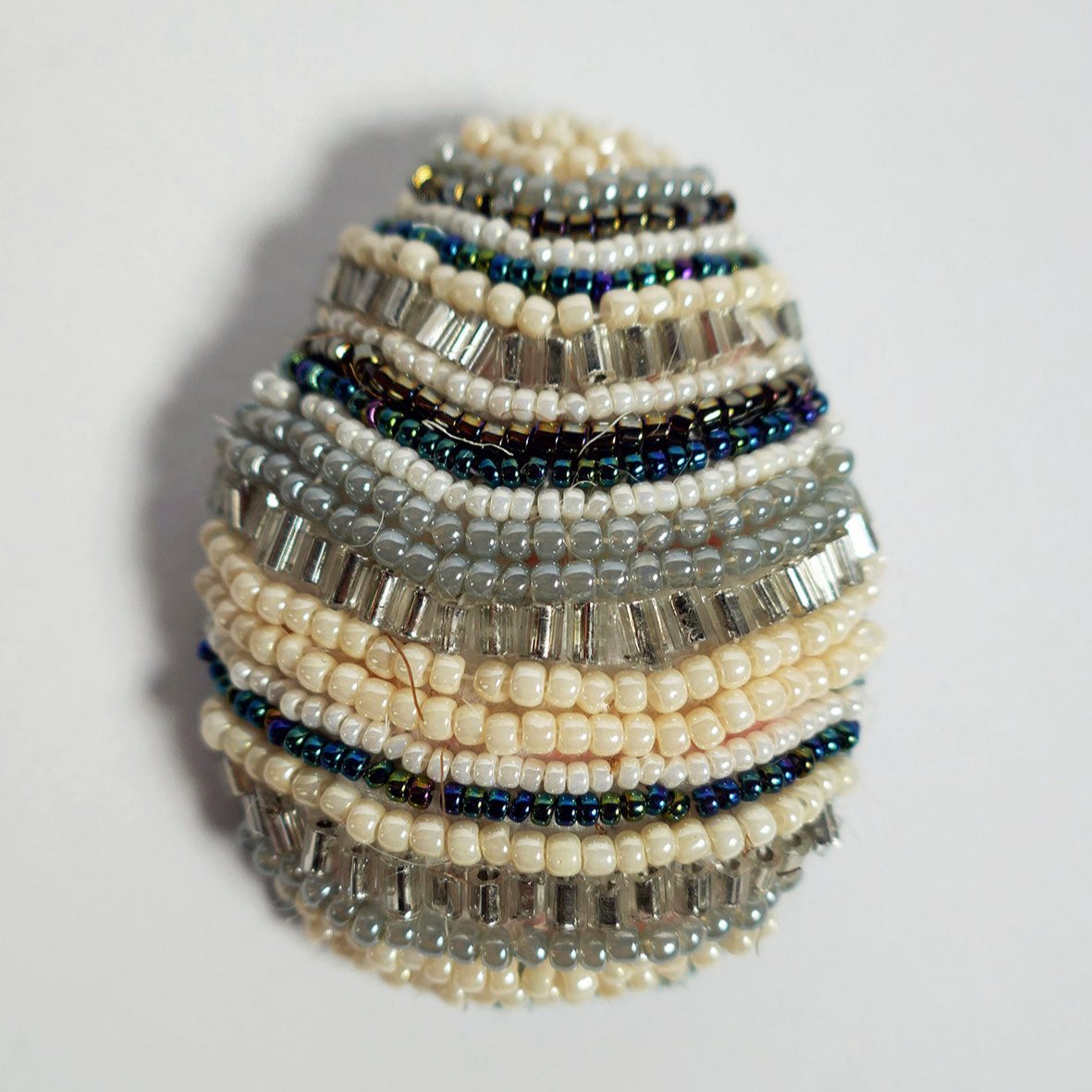 Beaded Egg Brooch - Blue and Cream Stripes Large