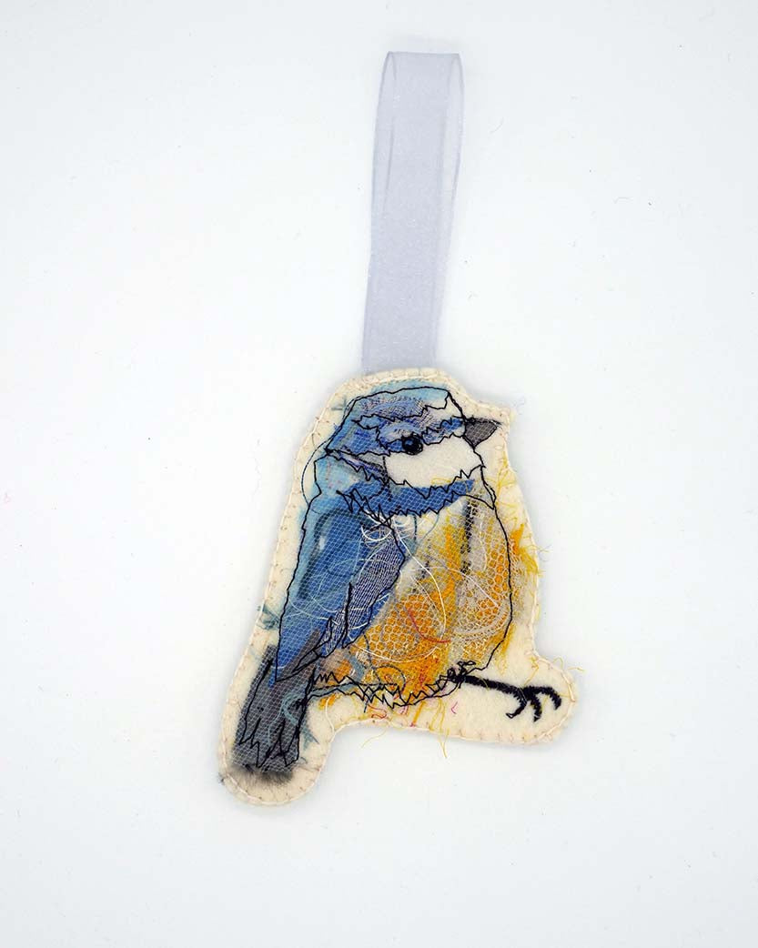 Blue Tit 2 - Embroidered Hanging Bird Decoration