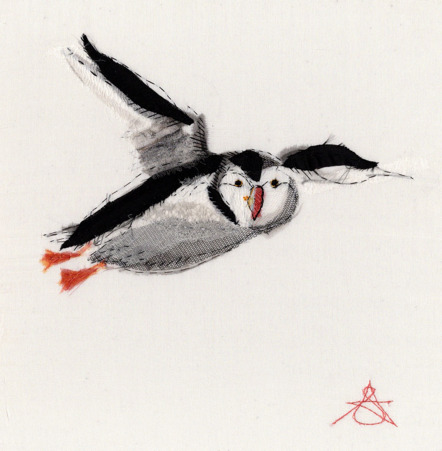 Puffin Flying - Original Stitched Art