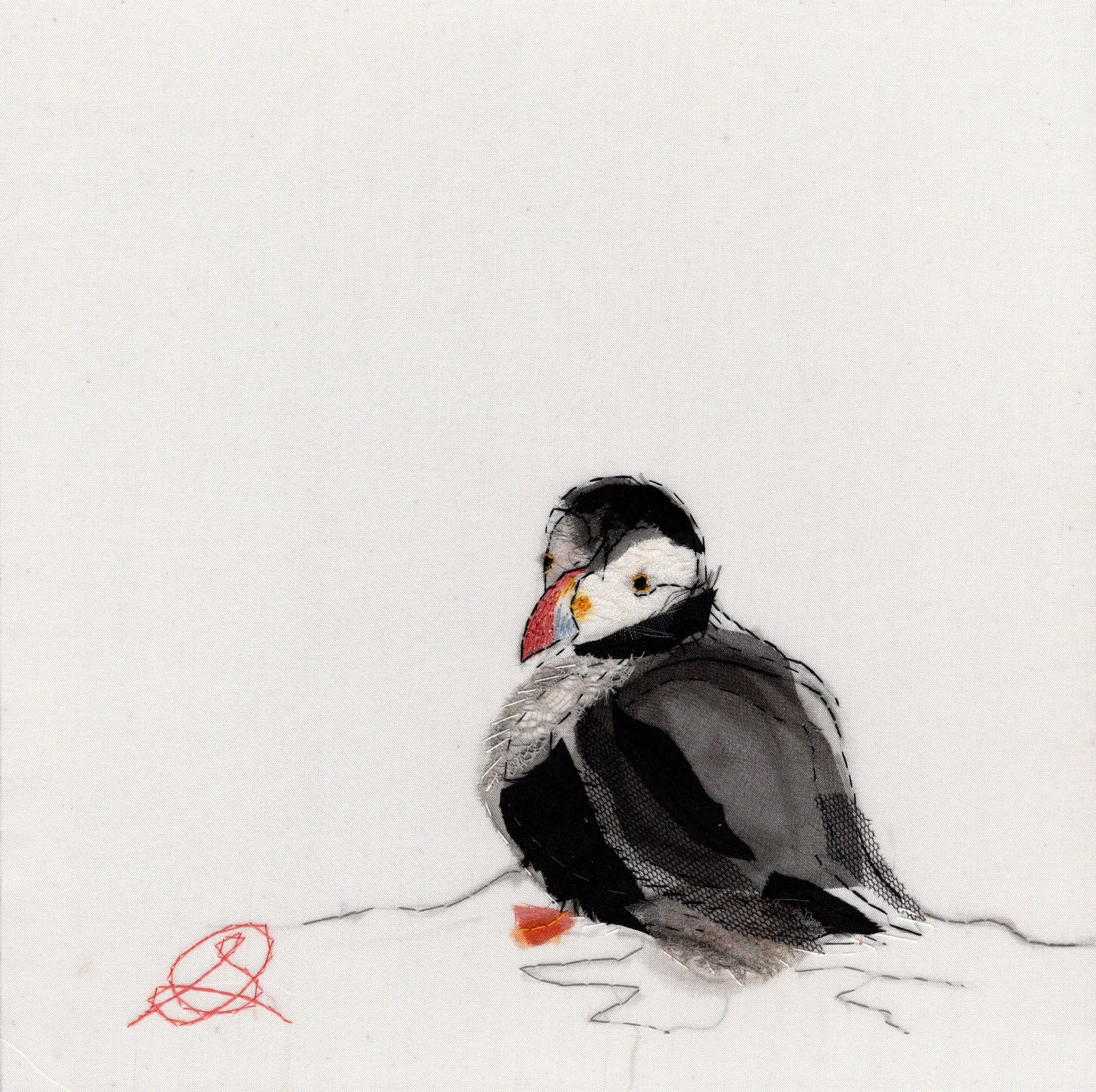 Puffin Sitting - Original Stitched Art