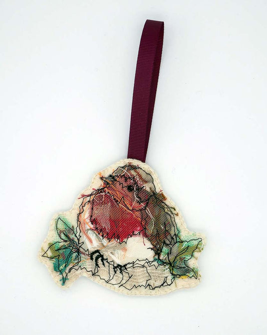 Robin on a Branch - Embroidered Hanging Bird Decoration