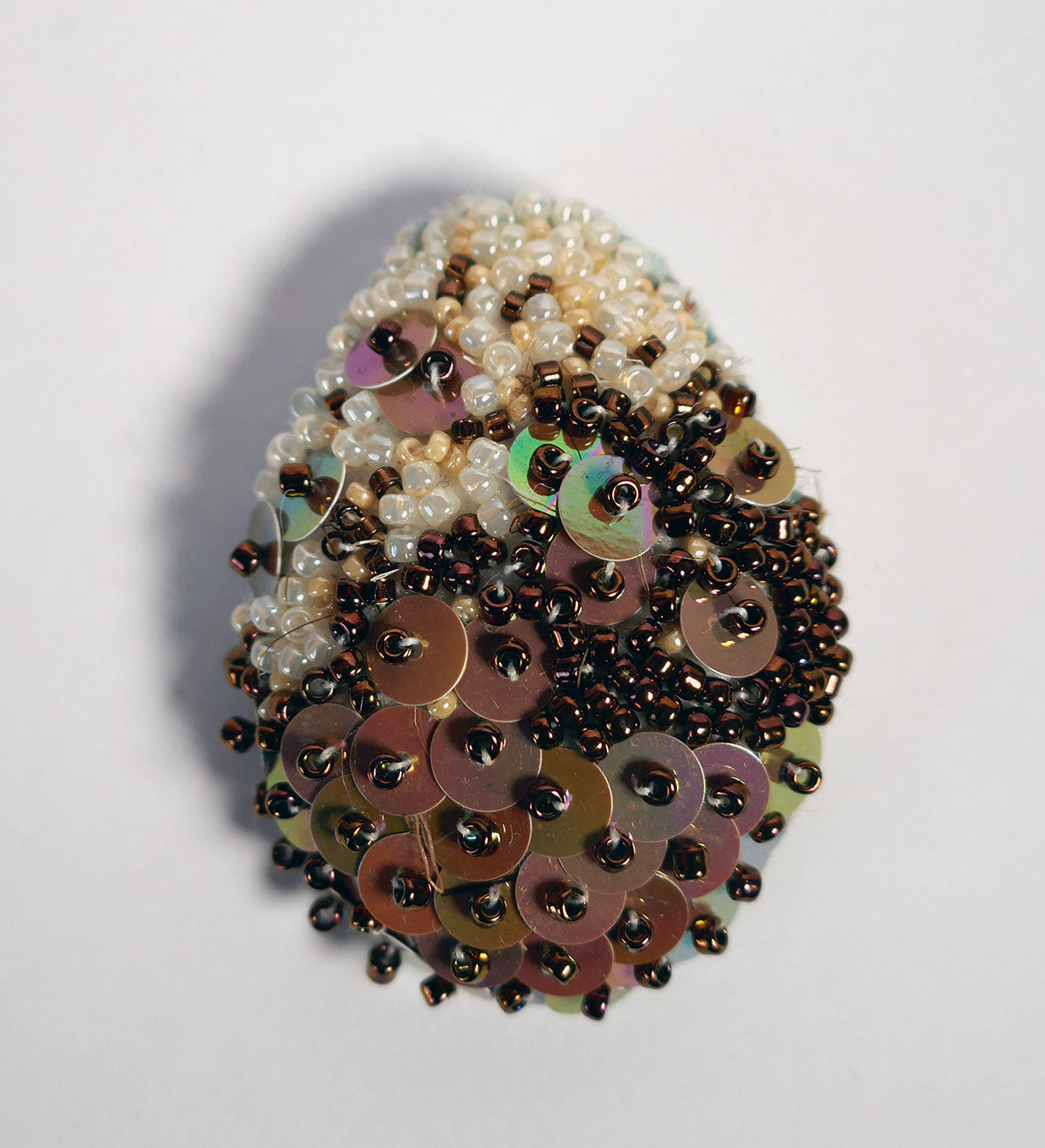 Beaded Egg Brooch - Copper and Cream Sequin Large