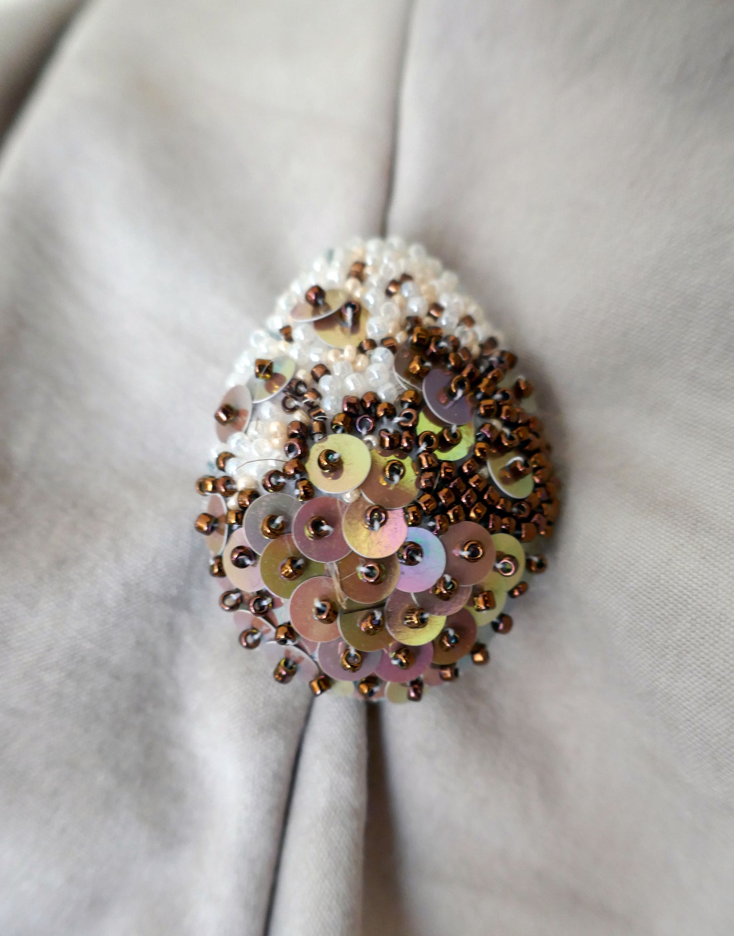 Beaded Egg Brooch - Copper and Cream Sequin Large